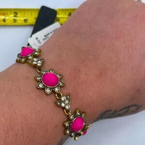 J Crew Pink Flower Rhinestone Gold Statement 8 inch Bracelet
